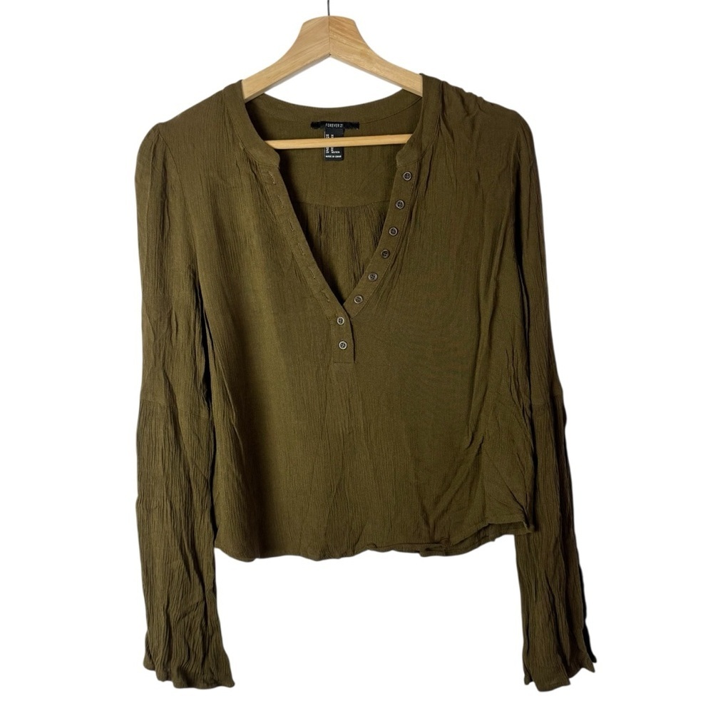 Forever 21 Olive‎ Green V-Neck Relaxed Fit Henley Long Sleeve Top M